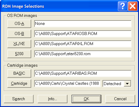 Click Atari => Options to disable BASIC (required for some games), increase the speed of the emulation, pause the emulation, and configure various patches.